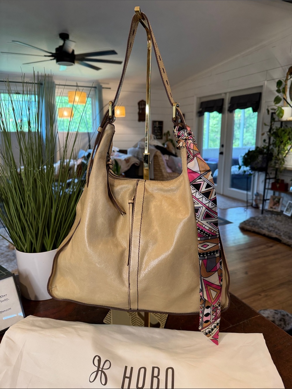 Hobo Beige Leather Hobo Bag with Patterned Scarf